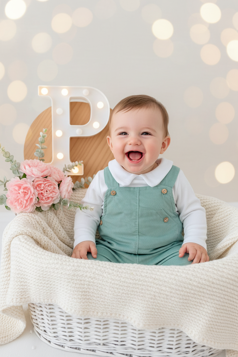 Conjunto verde: jardineiras bombazine e camisola com carda 3-12M