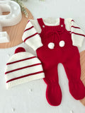 Conjunto risquinhas vermelho : jardineiras, camisola e gorro