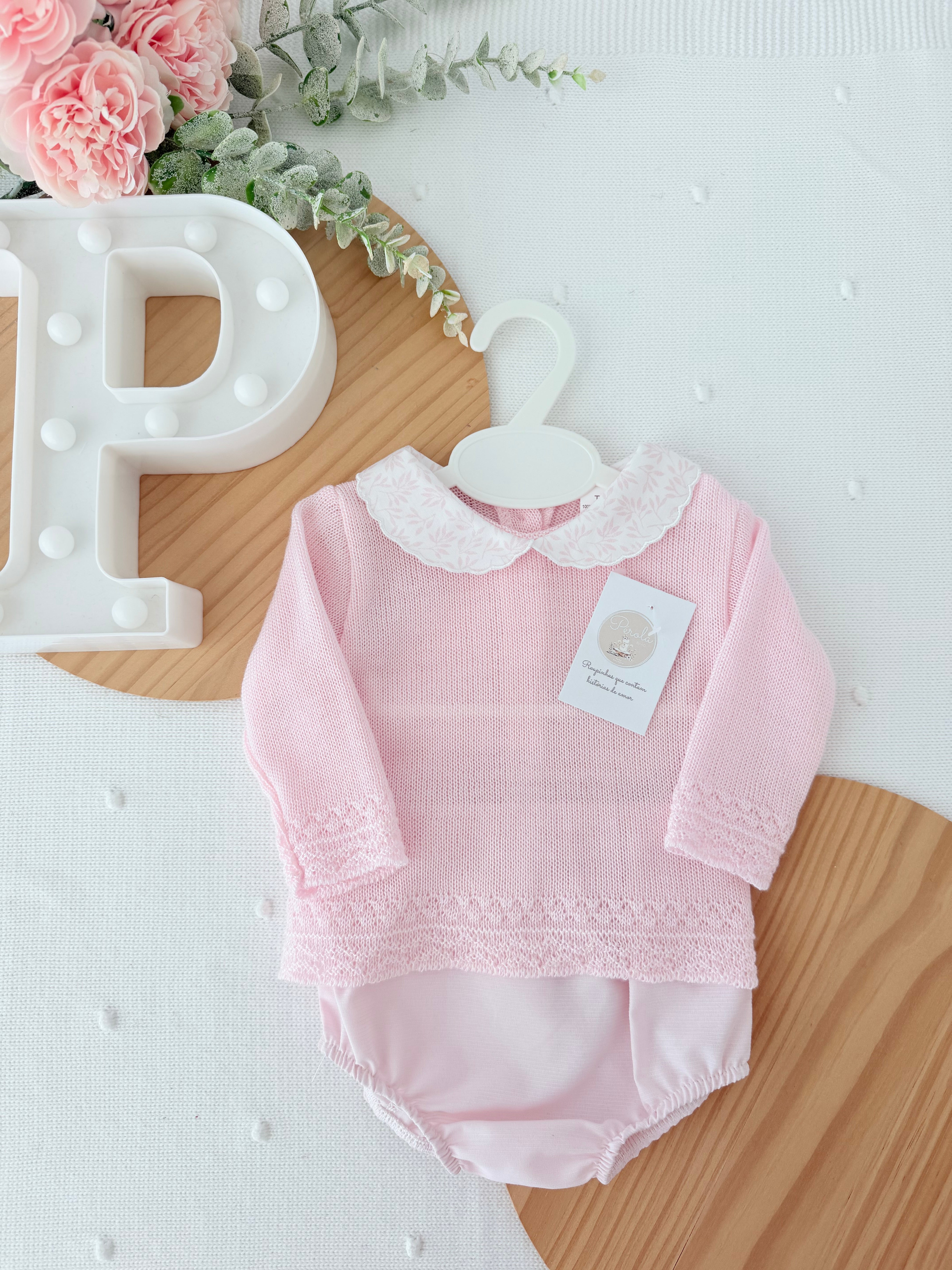 Conjunto rosa: camisola e tapa fraldas 1/3M