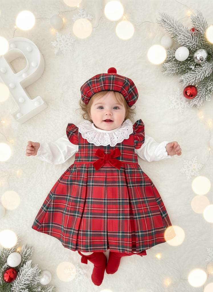 Conjunto Menina Tartan Vermelho e azul- Vestido, Blusa e Boina Natalícia