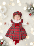 Conjunto Menina Tartan Vermelho e azul- Vestido, Blusa e Boina Natalícia
