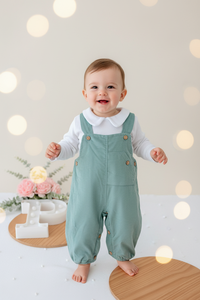 Conjunto verde: jardineiras bombazine e camisola com carda 3-12M