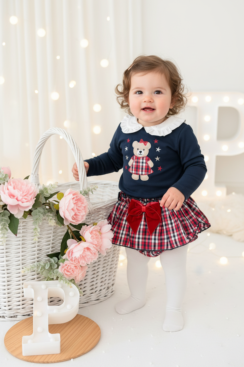 Conjunto ursinho xadrez:  camisola e saia/tapa fraldas