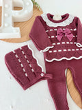 Conjunto princesinha de malha berinjela com bordado inglês