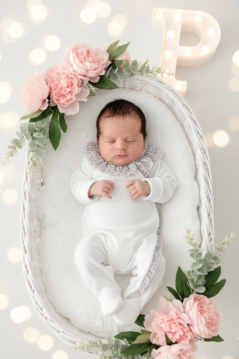 Babygrow tema flores em VELUDO Branco