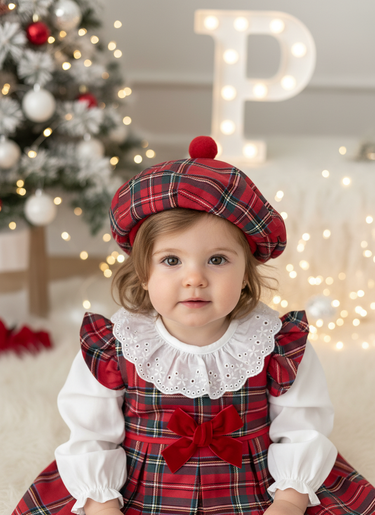 Conjunto Menina Tartan Vermelho e azul- Vestido, Blusa e Boina Natalícia
