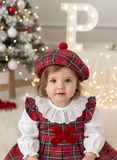 Conjunto Menina Tartan Vermelho e azul- Vestido, Blusa e Boina Natalícia