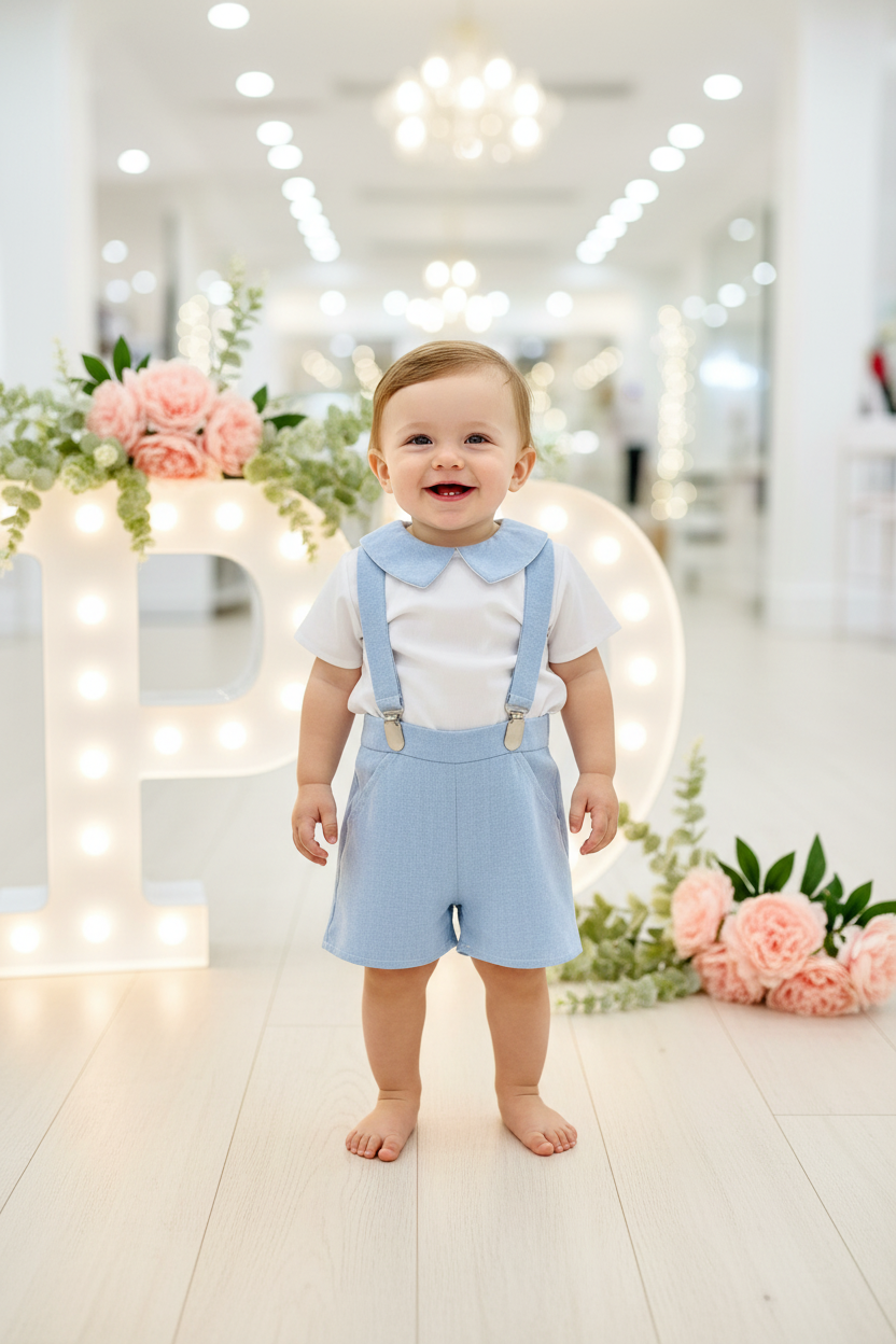 Conjunto Pequeno Príncipe: calções com suspensórios e camisa 3-12M