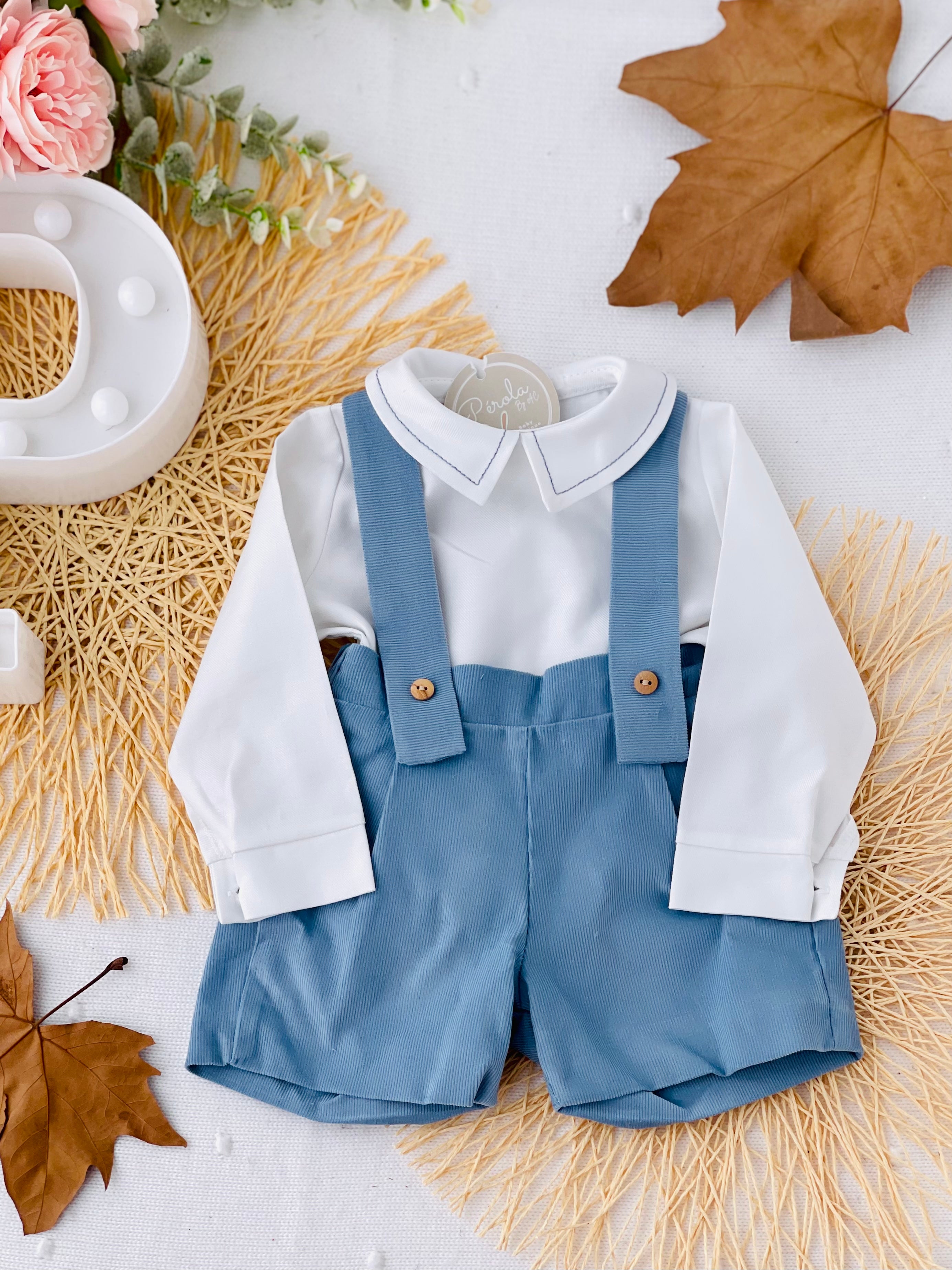 Conjunto menino azul: Calções bombazine e camisa- Outono/Inverno