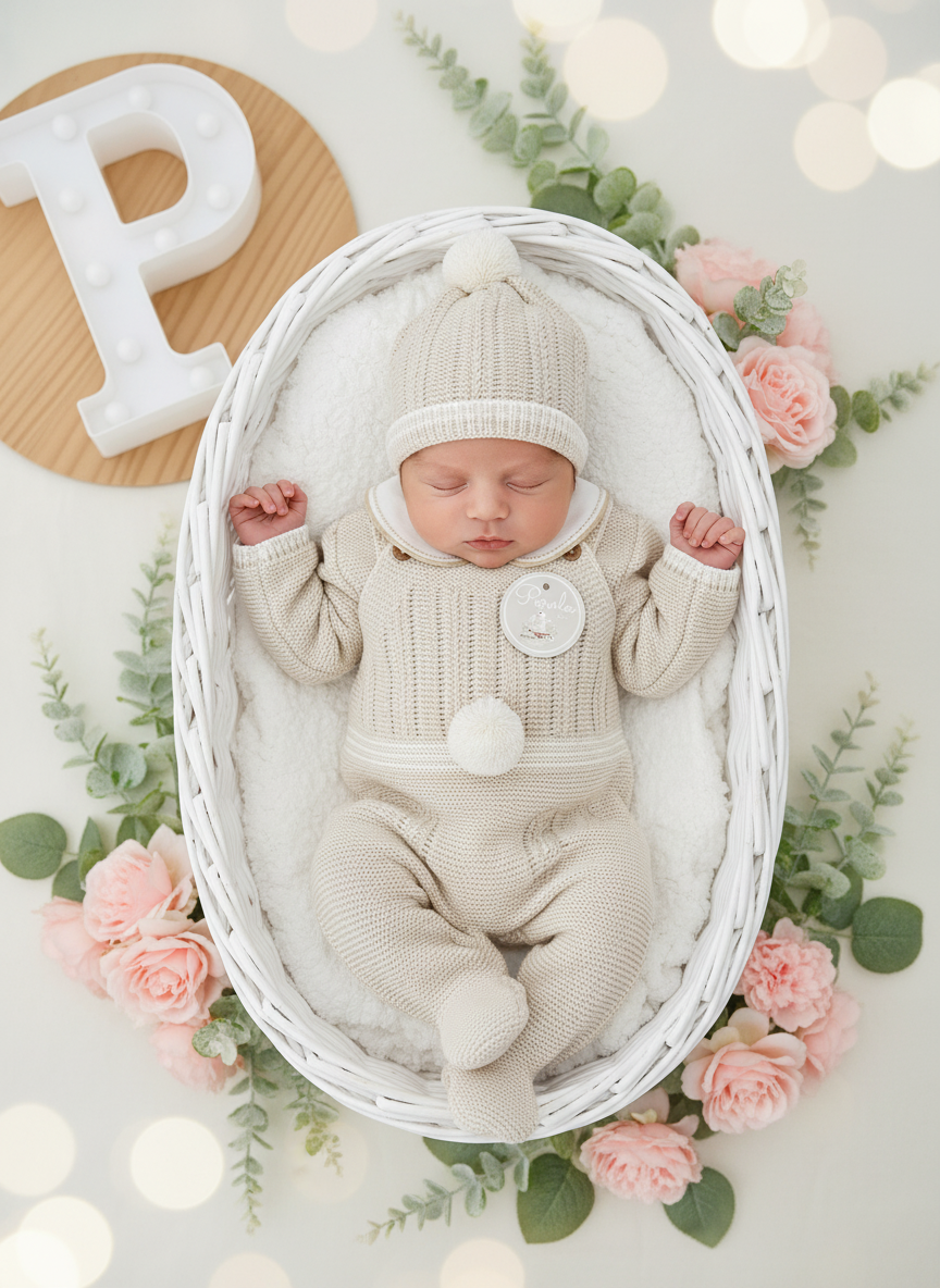 Conjunto Pompom bege: jardineiras, camisola e gorro