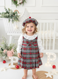 Conjunto Menina Tartan Vermelho e cinza - Vestido, Blusa e Bóina