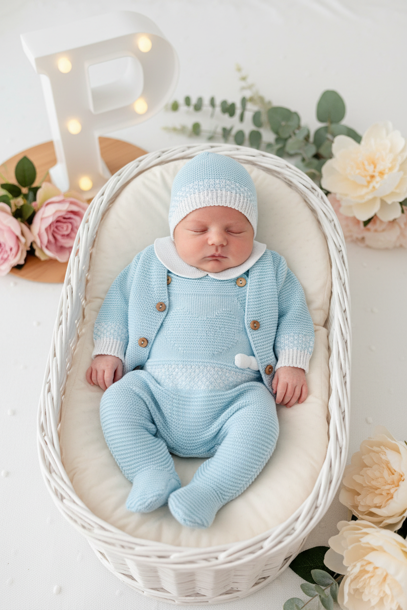 Saída de maternidade ursinho- casaco, jardineiras, camisola e gorro