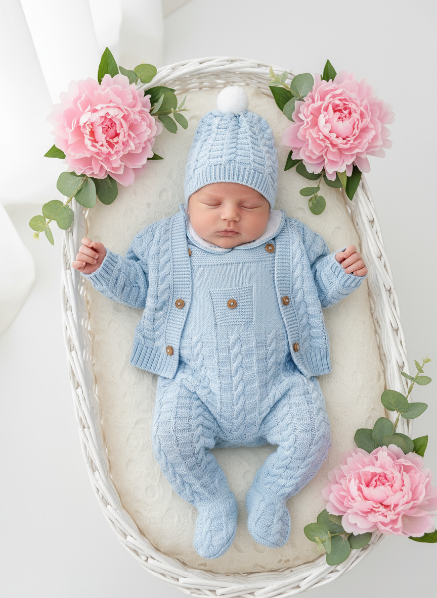 Saída de maternidade Aconchego 4 peças: casaco, jardineiras, camisola e gorro