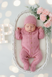 Conjunto Rosa Babygrow & Touca em Malha com Botões de Madeira