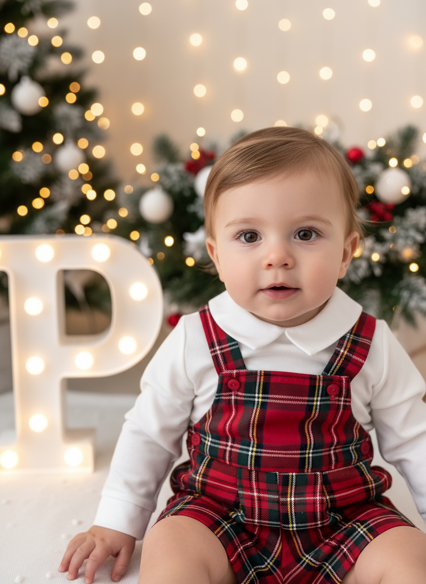 Conjunto Menino Tartan Vermelho e Preto - Jardineiras Calções e Camisa