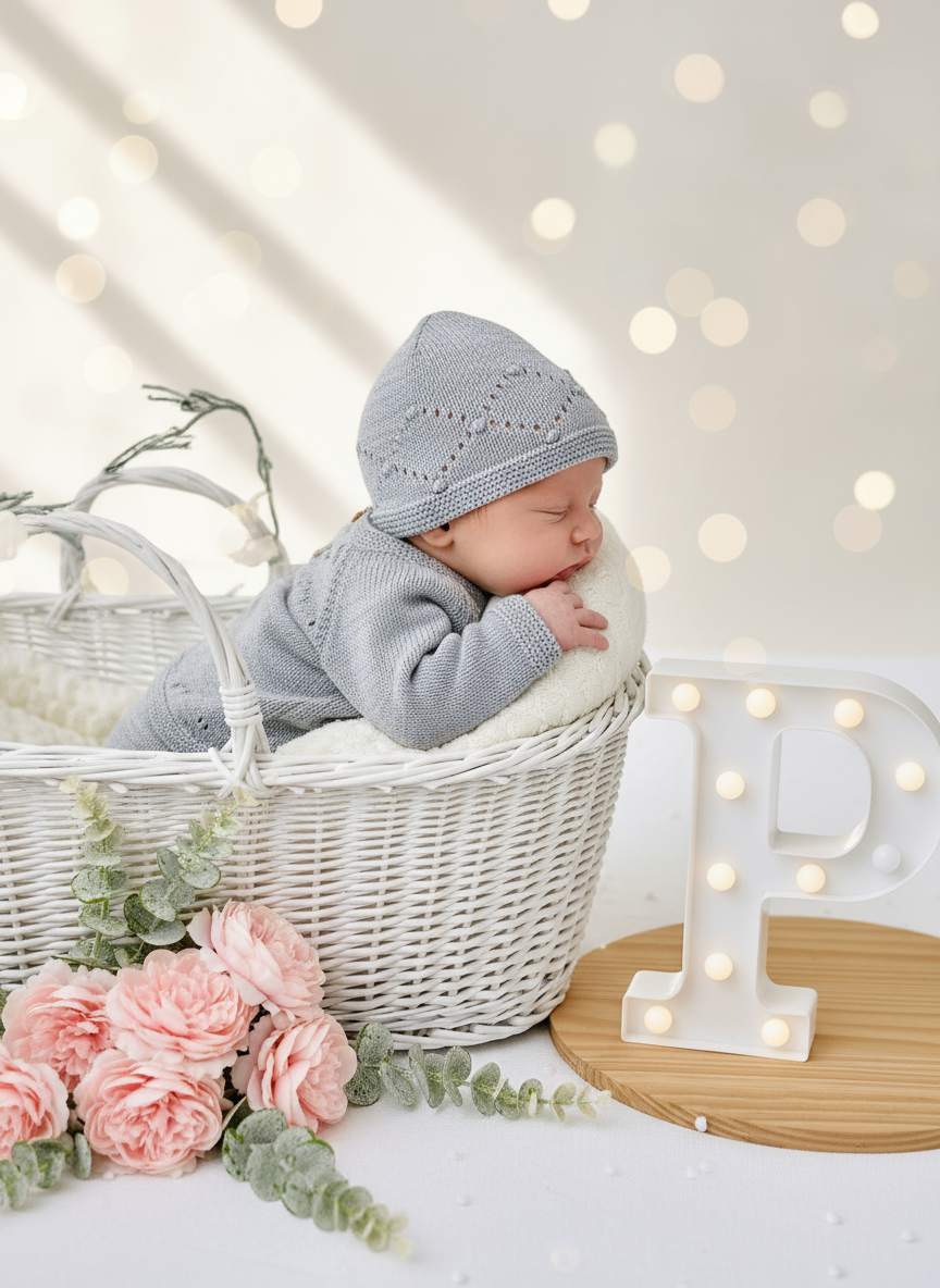 Conjunto malha bolinhas: camisola, calças e gorro- Outono/Inverno. 3/6M