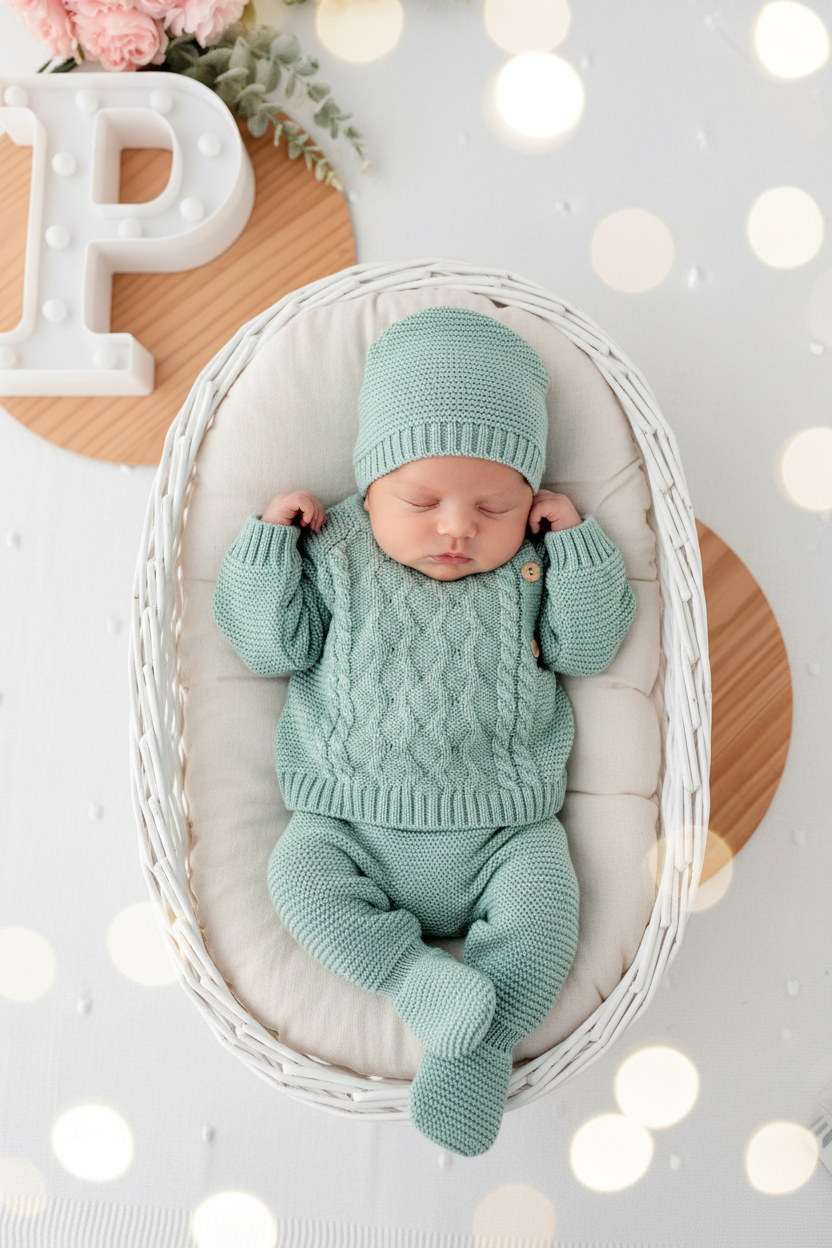 Conjunto malha 100% algodão: camisola, calças e gorro