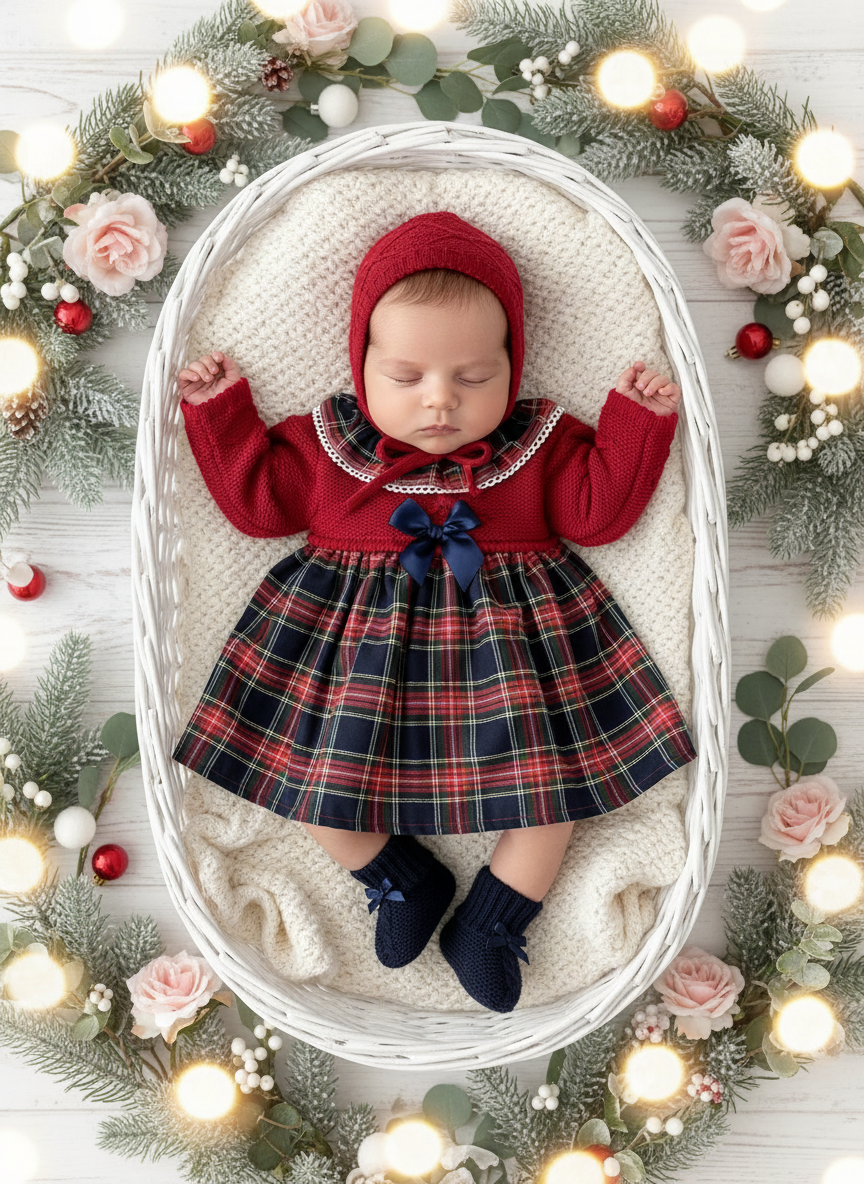 Vestido e touca em malha e xadrez azul marinho