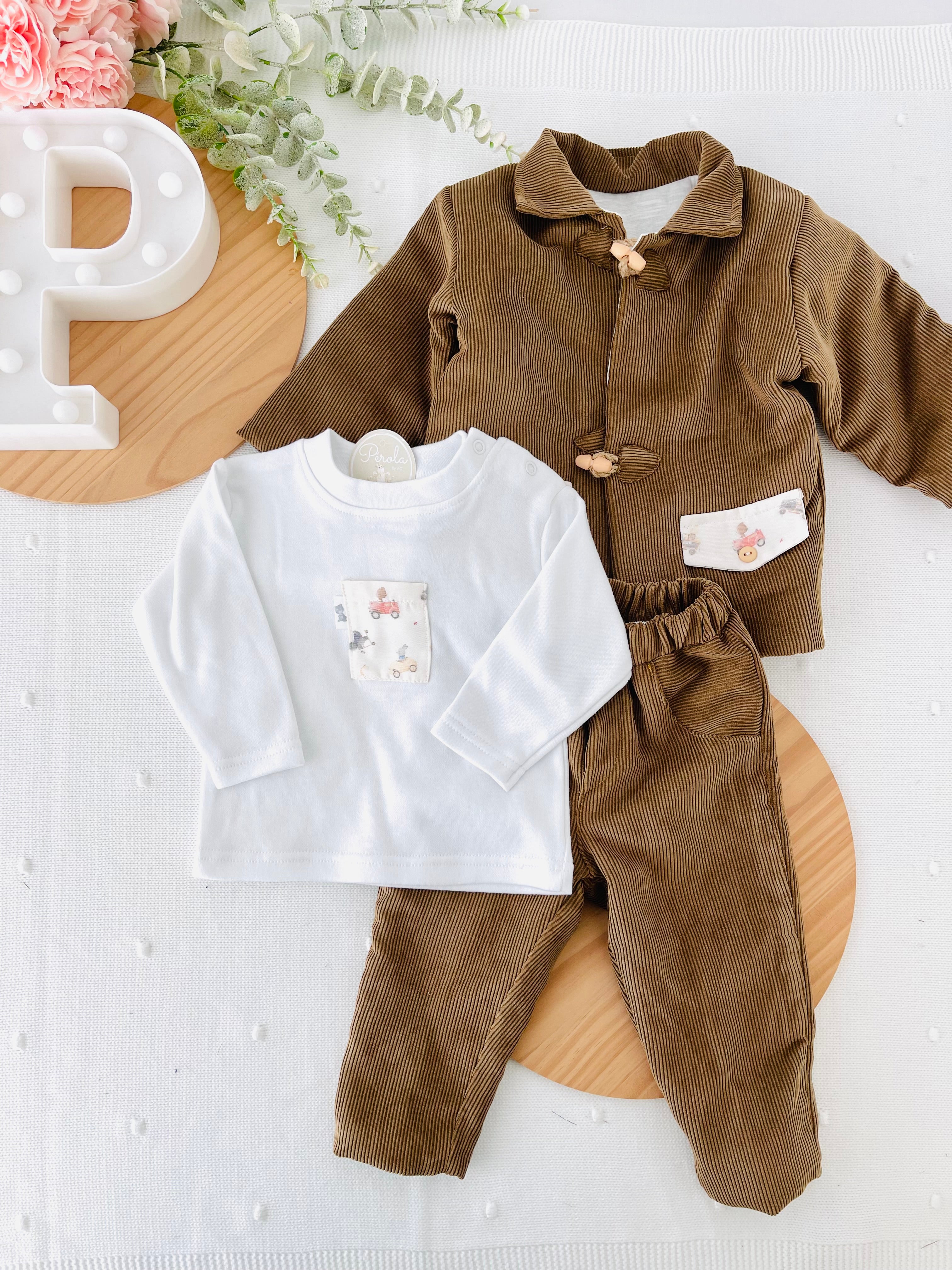 Conjunto menino bombazine 3 peças: casaco, calças e camisola