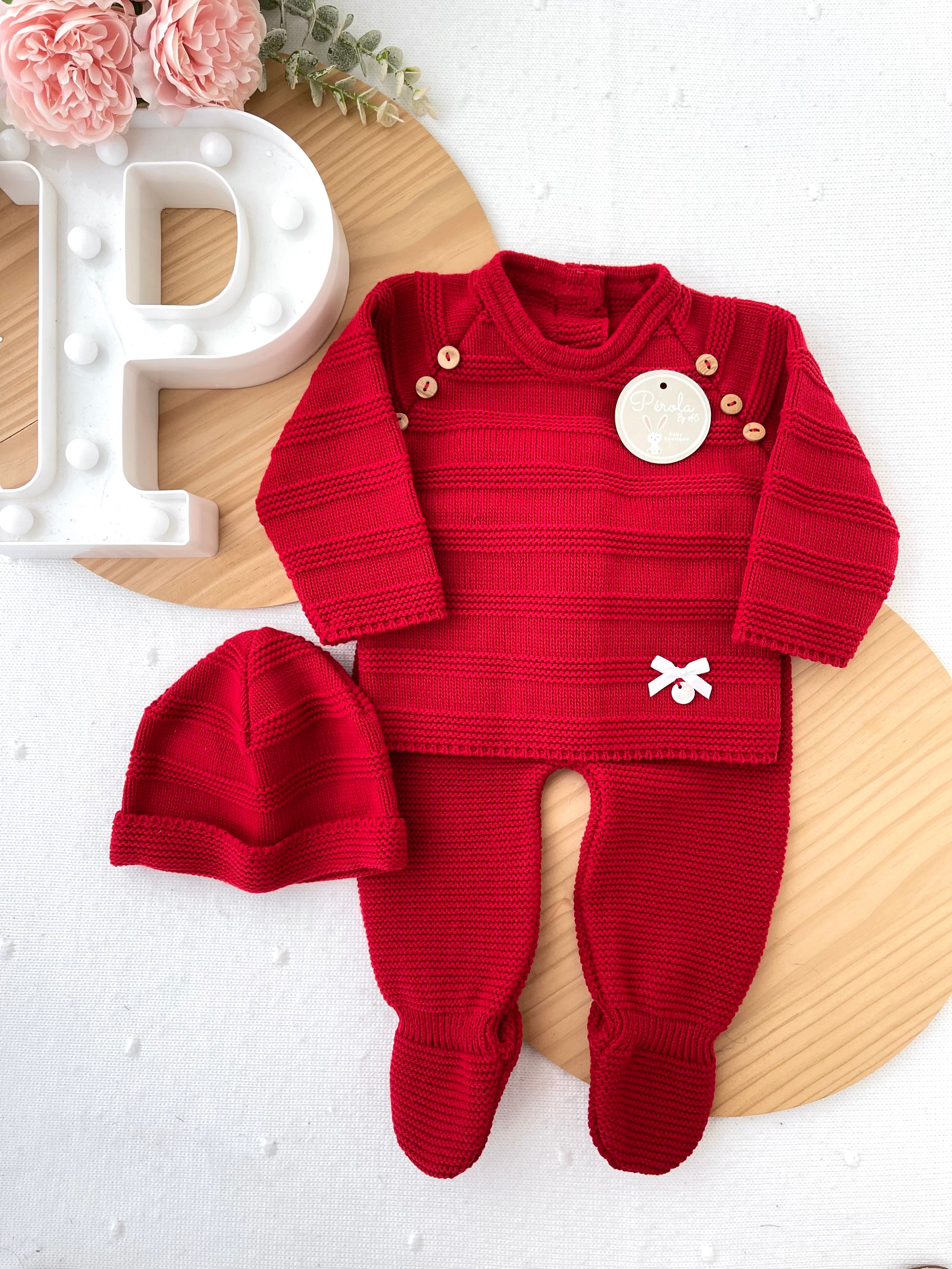 Conjunto malha quentinha riscas: camisola, calças e gorro Outono/Inverno