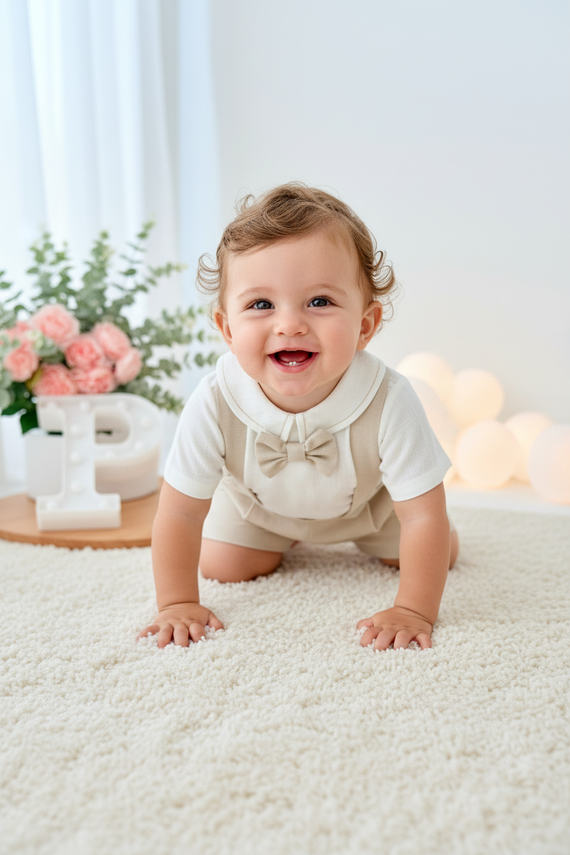 Conjunto especial cerimónia para menino: calções, camisa e laço