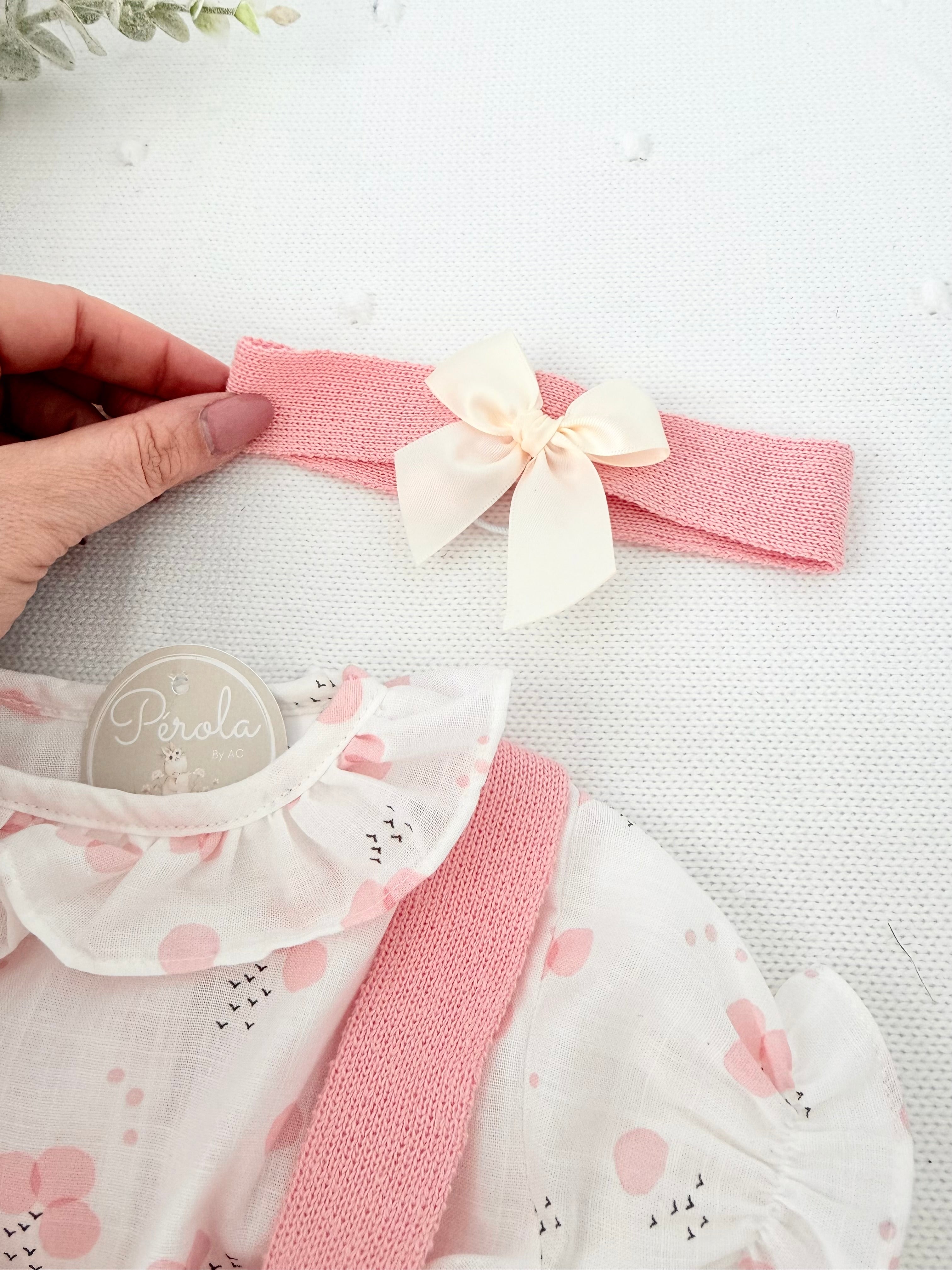 Fofo, fita para cabelo e blusa Salmão - recém nascidos