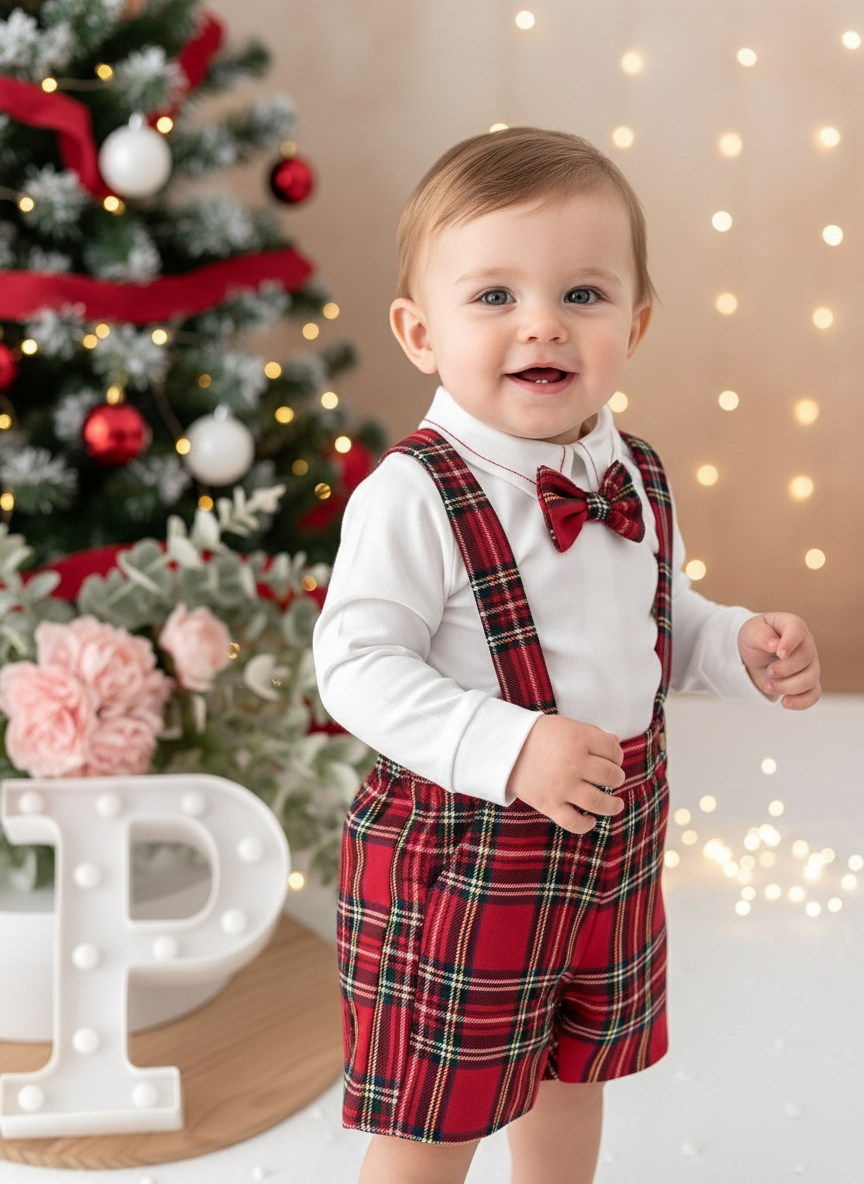 Conjunto xadrez vermelho menino Natal: calções, camisa em flanela e laço xadrez 2.0