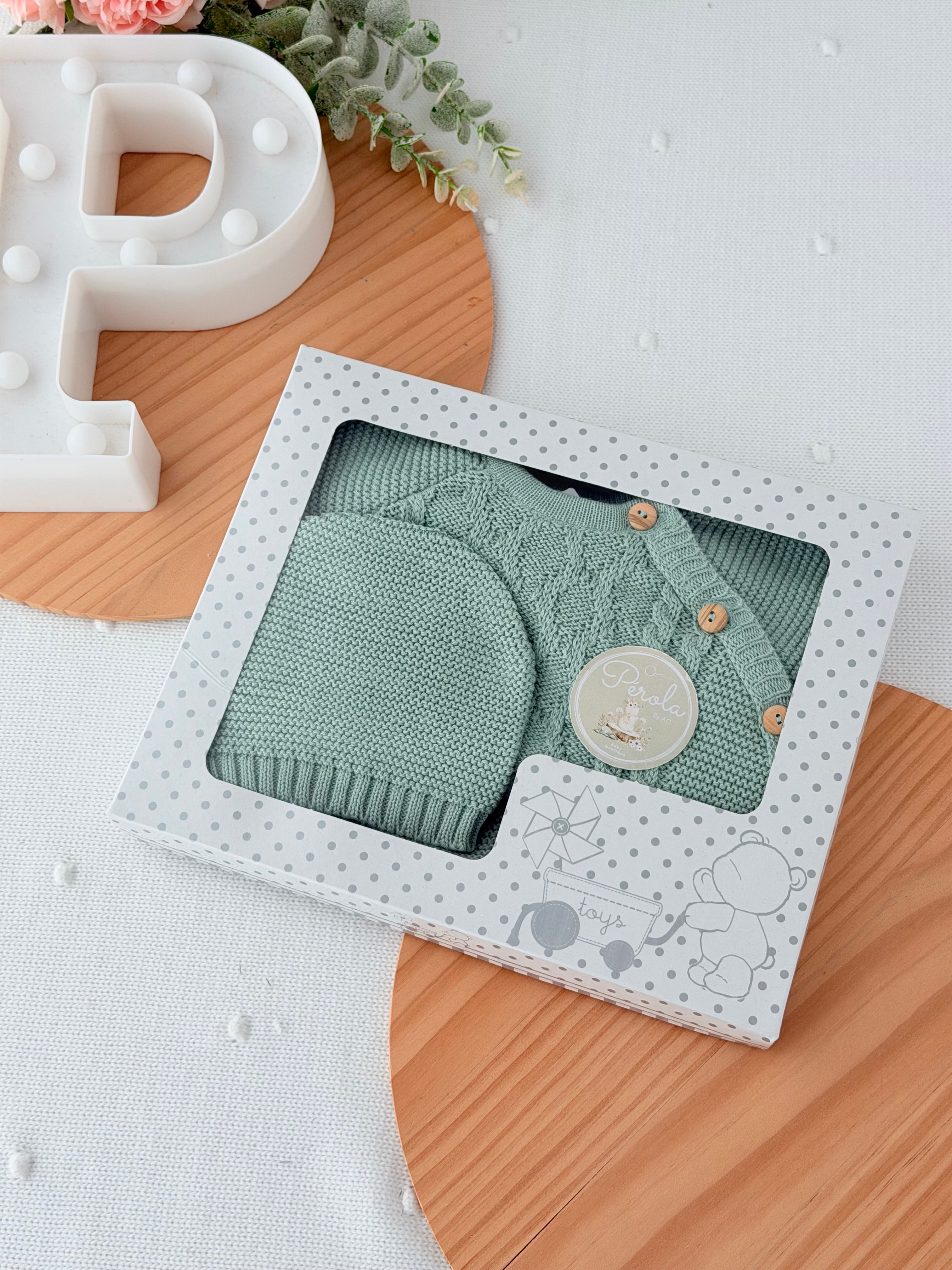 Conjunto malha 100% algodão: camisola, calças e gorro