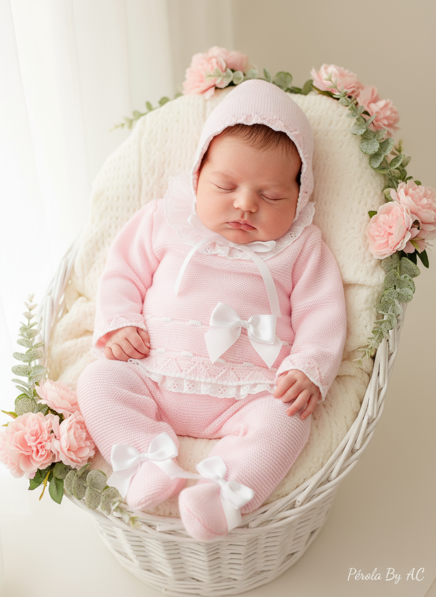 Conjunto rendinha rosa: camisola, calças e touca