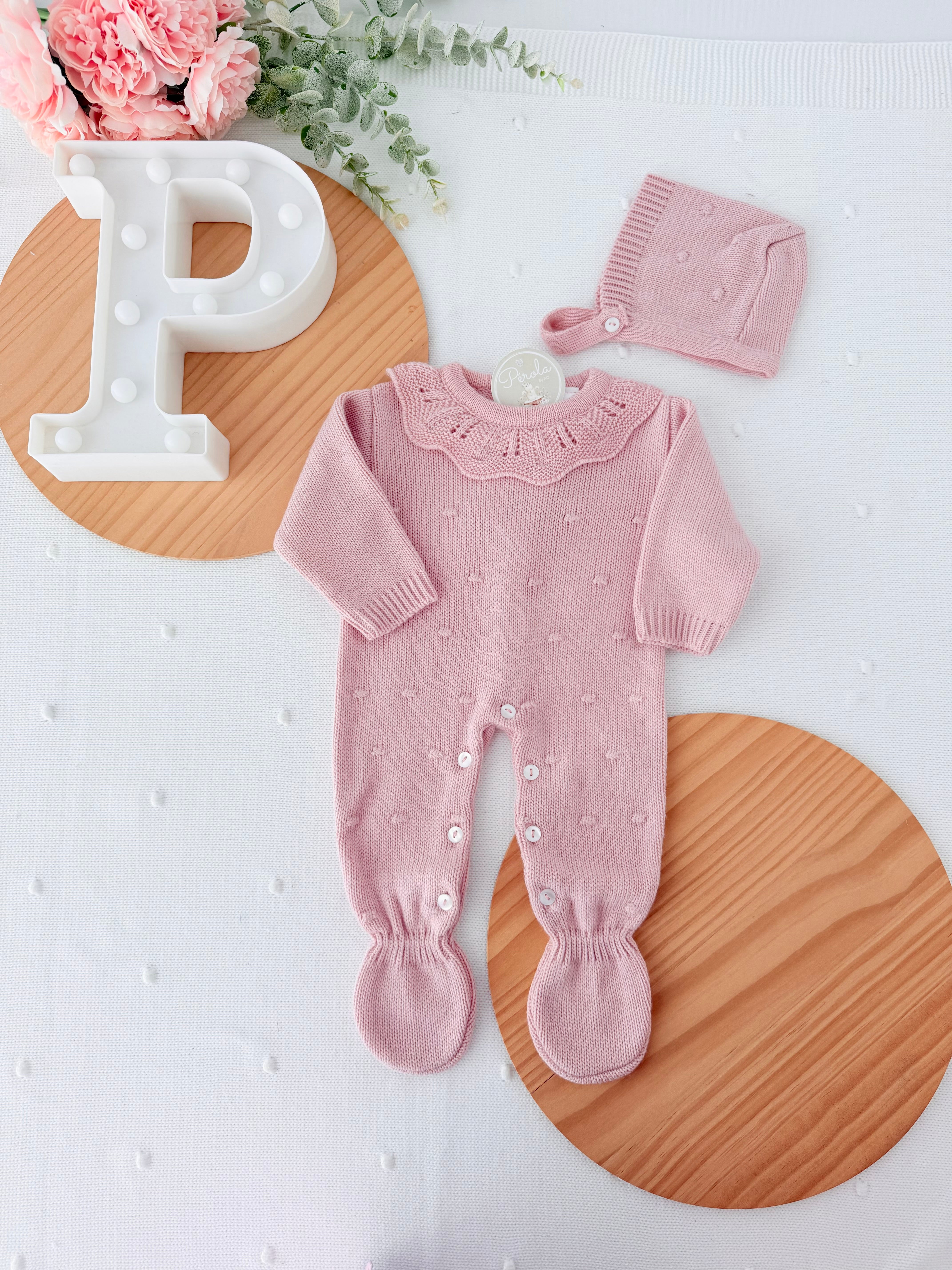 Babygrow e touca Rosa Velho em malha Outono Inverno
