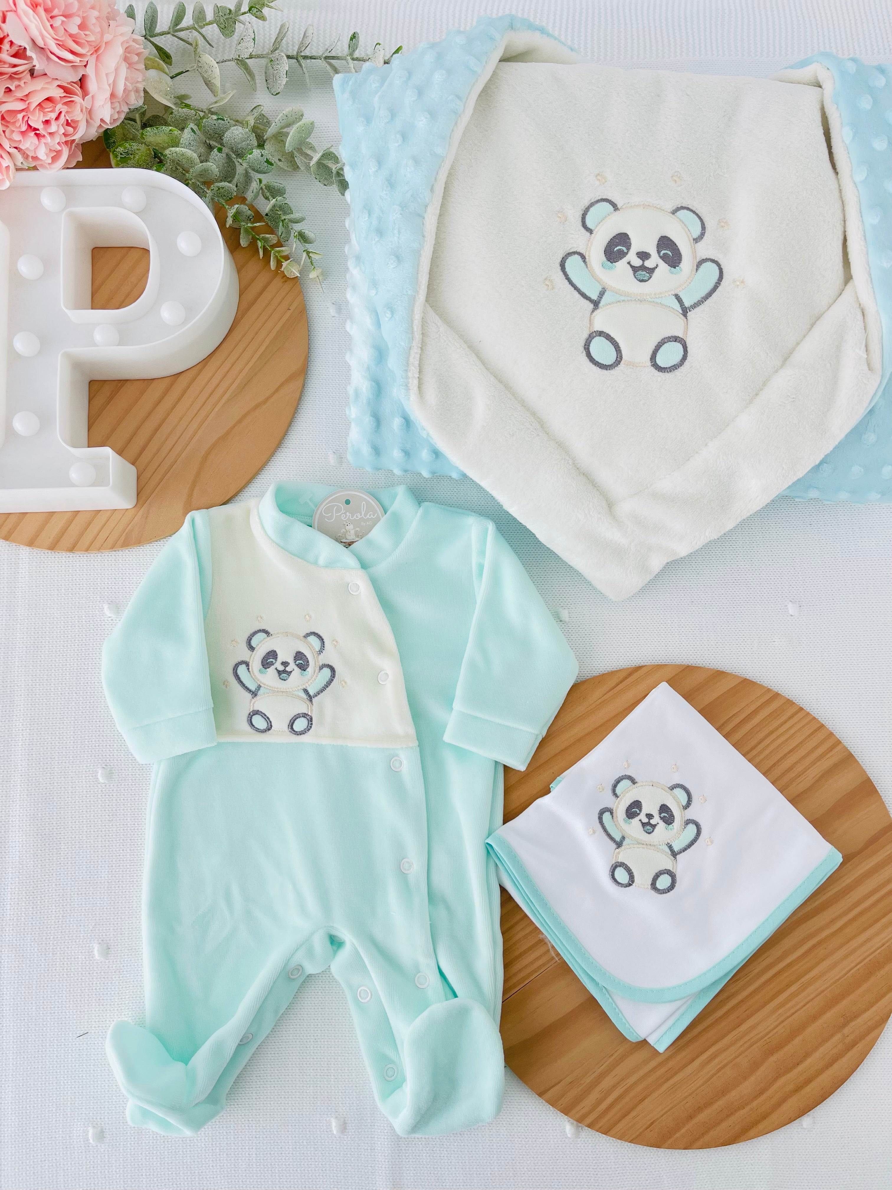 Pack panda em veludo: Babygrow, fralda e manta