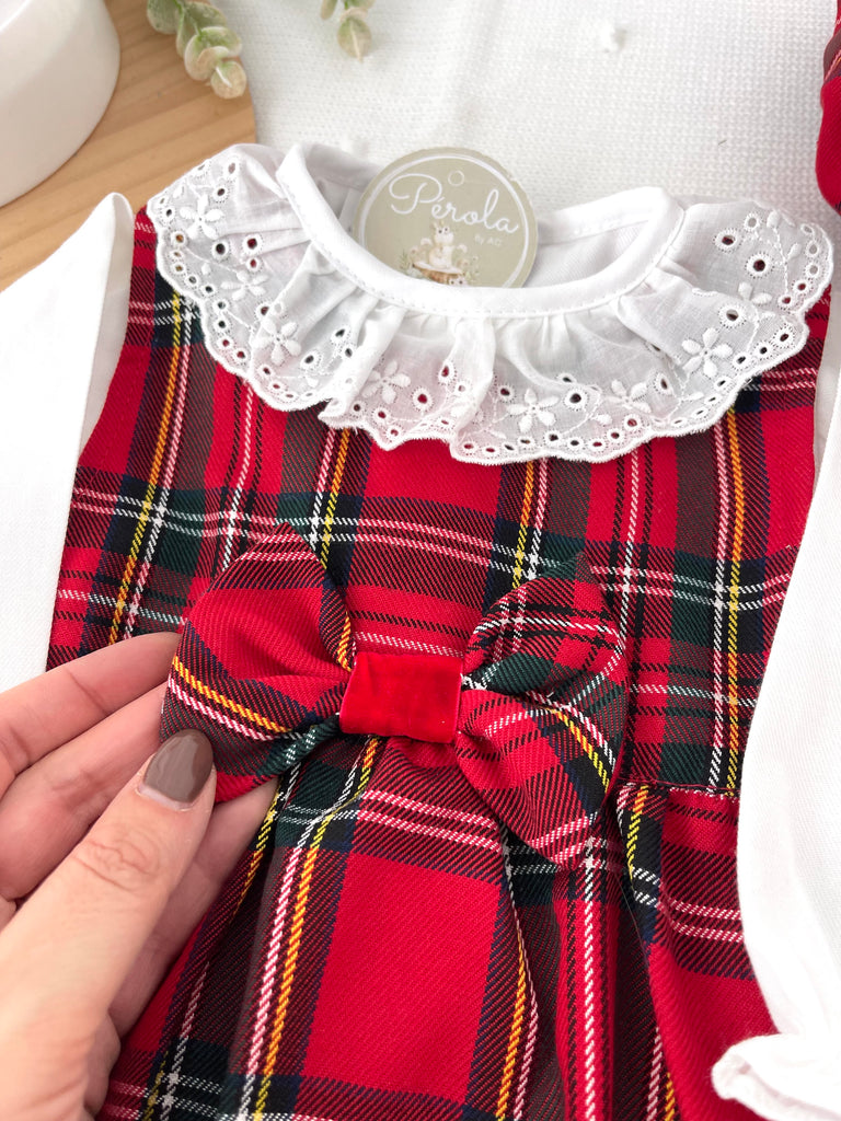 Conjunto Menina Tartan Vermelho e Preto - Vestido, Blusa e Bóina