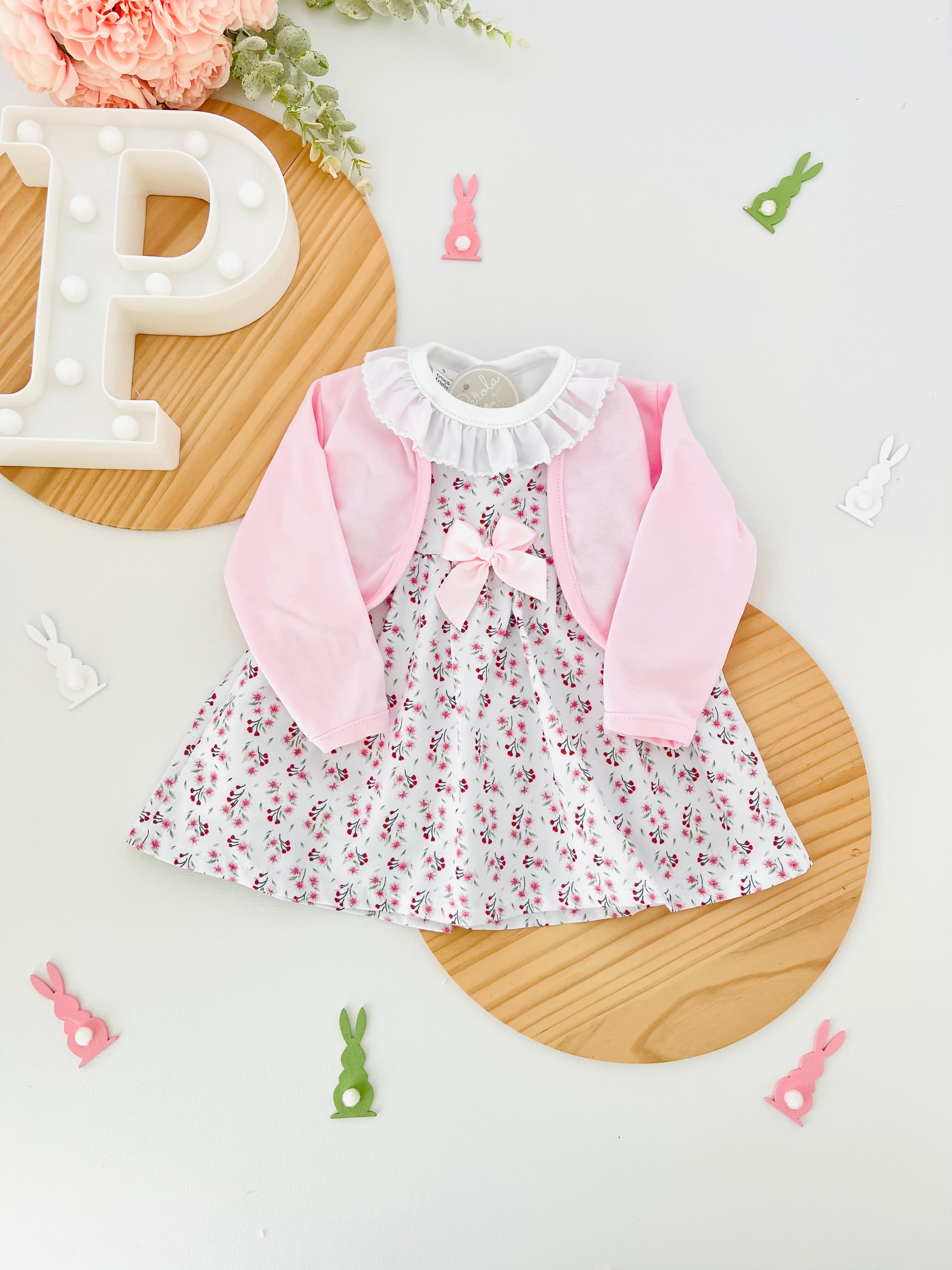 Conjunto algodão: casaco, vestido e camisola com golinha