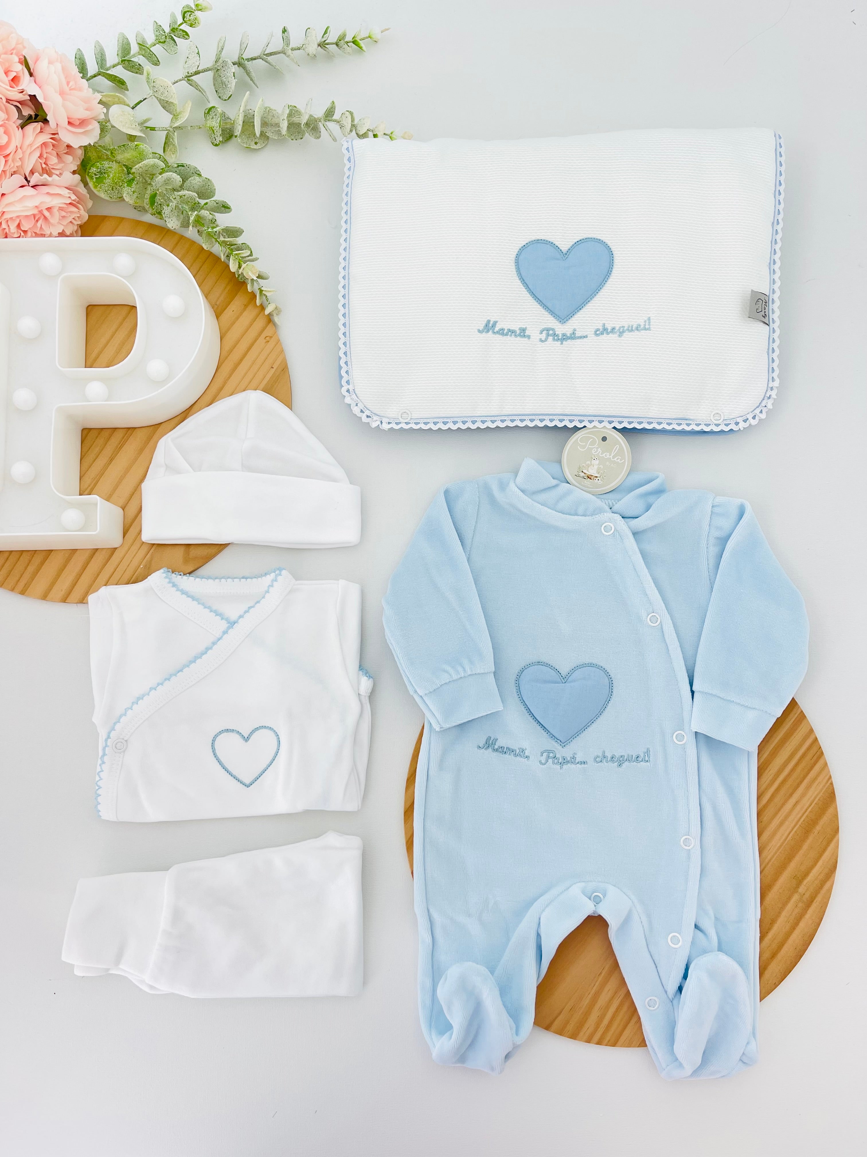 Conjunto primeira roupinha veludo- Mamã Papá cheguei