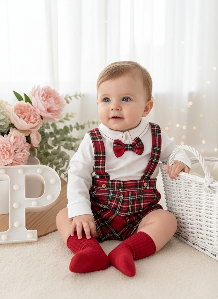 Conjunto xadrez vermelho menino Natal: calções, camisa em flanela e laço xadrez 2.0