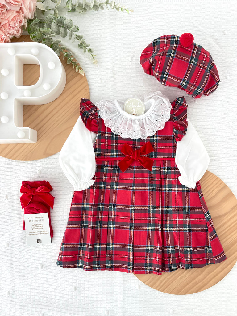 Conjunto Menina Tartan Vermelho e azul- Vestido, Blusa e Boina Natalícia