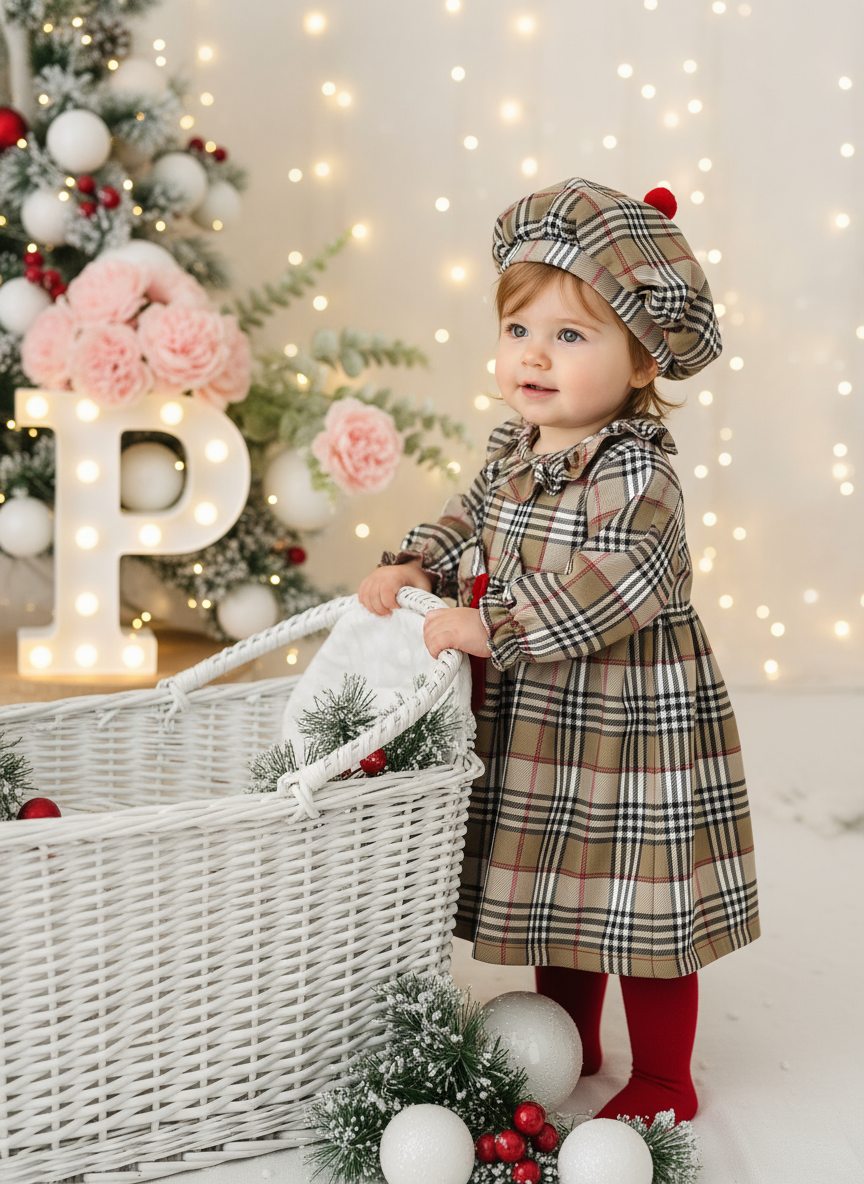 Conjunto Menina estilo Burberry - Vestido e Bóina