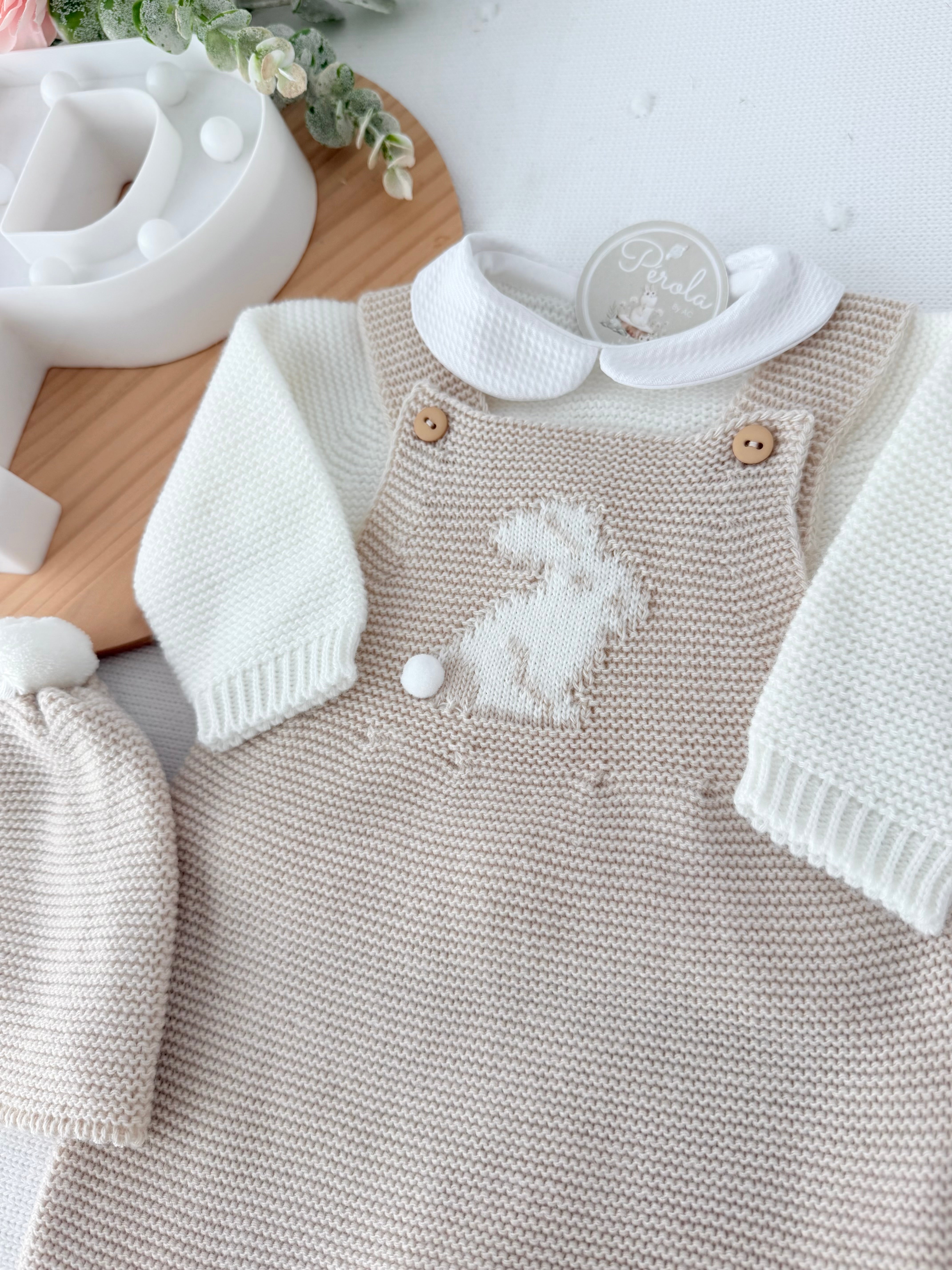 Conjunto coelhinho: jardineiras, camisola e gorro