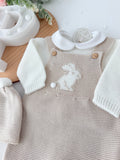 Conjunto coelhinho: jardineiras, camisola e gorro