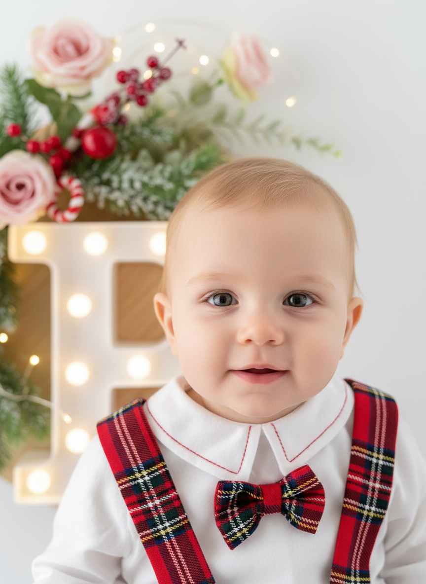 Conjunto xadrez vermelho menino Natal: calções, camisa em flanela e laço xadrez 2.0
