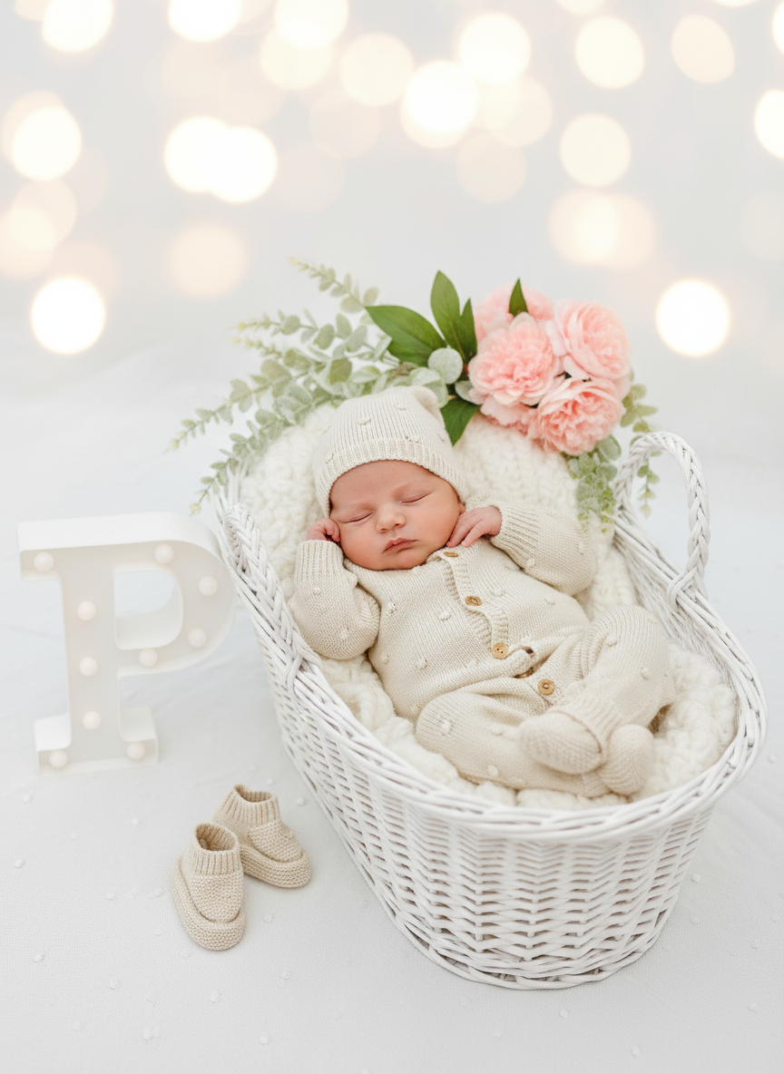 Conjunto bolinhas BEGE: macacão, gorro e carapins de malha
