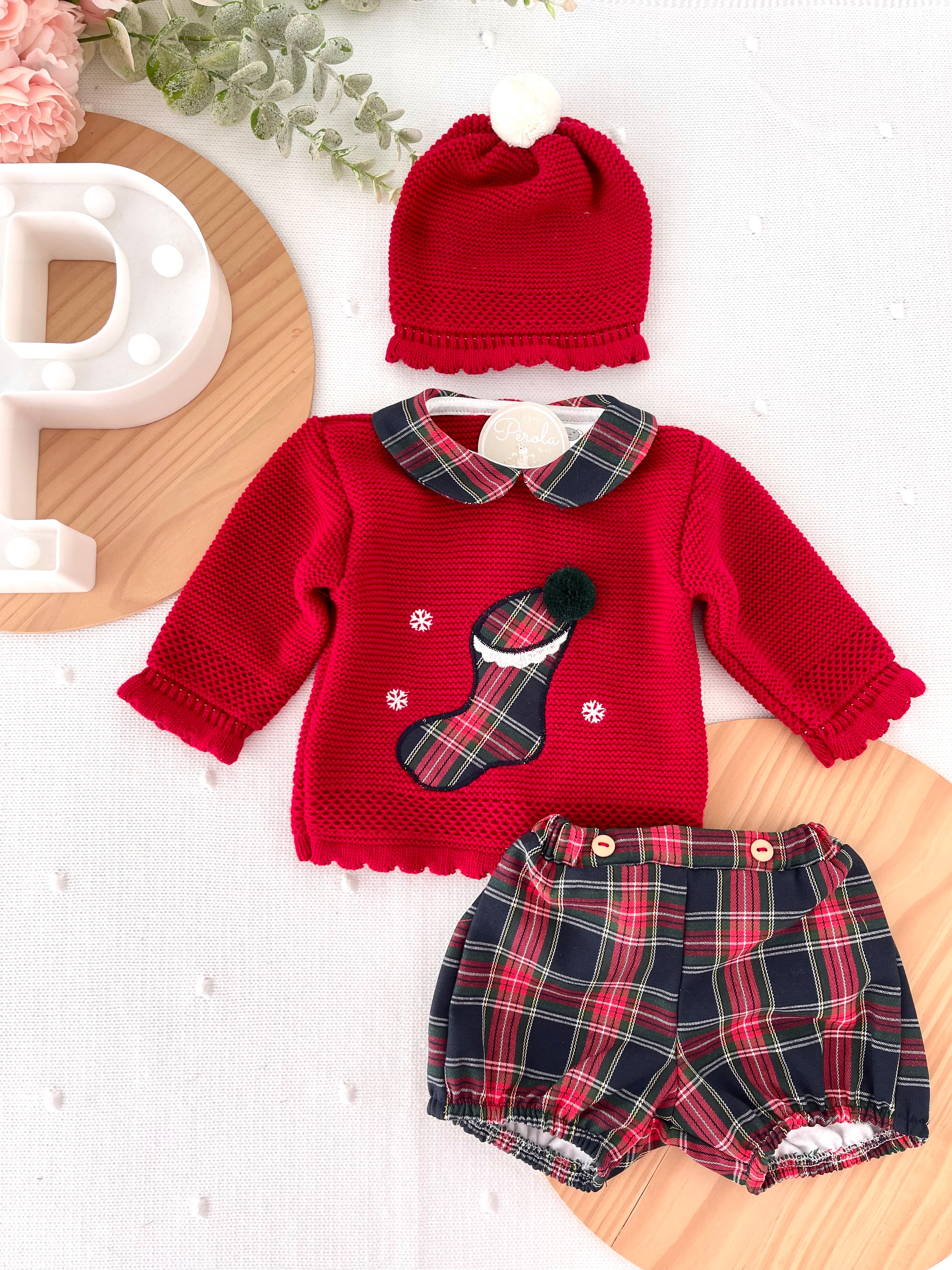 Conjunto Natal: camisola, calções e gorro pompom