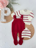 Conjunto riscas: camisola, jardineiras e gorro