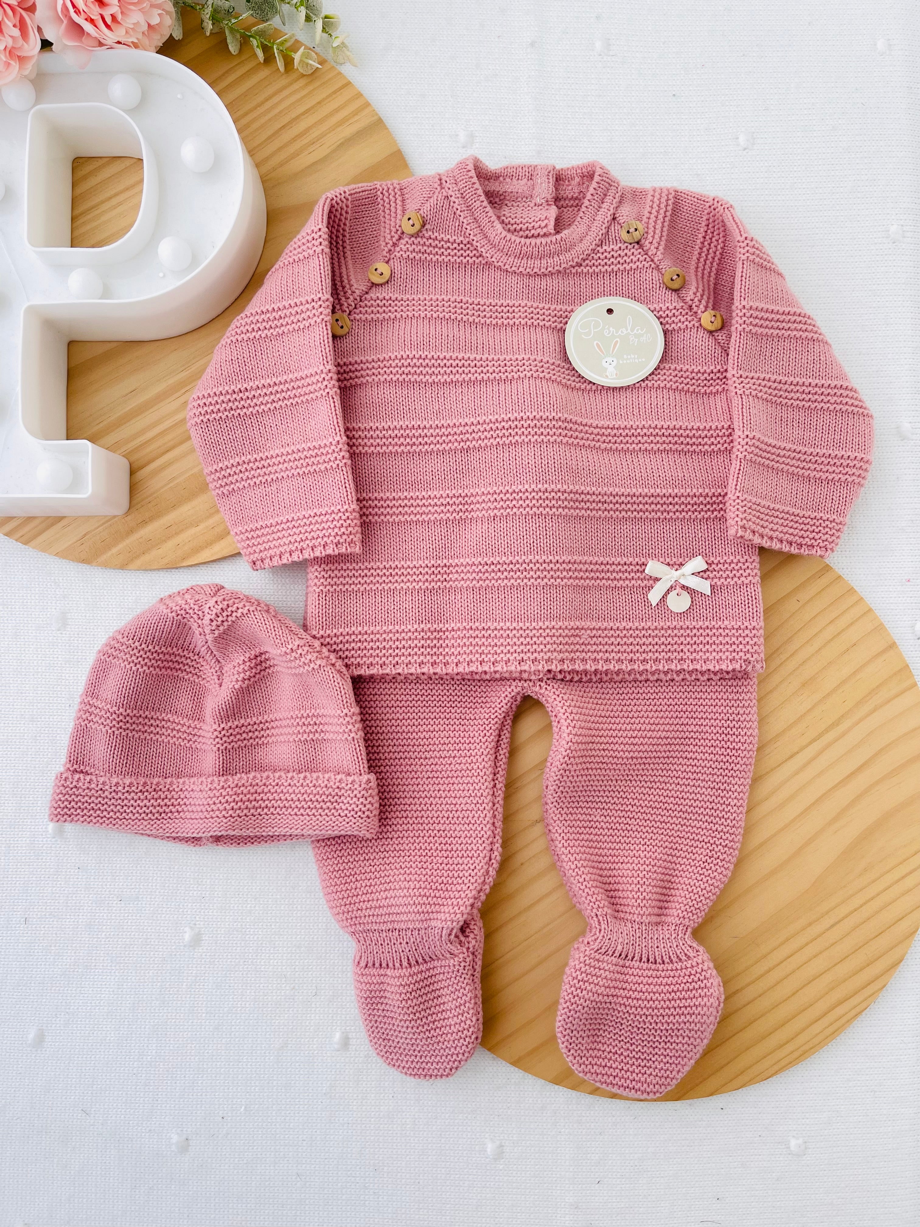 Conjunto malha quentinha riscas: camisola, calças e gorro Outono/Inverno