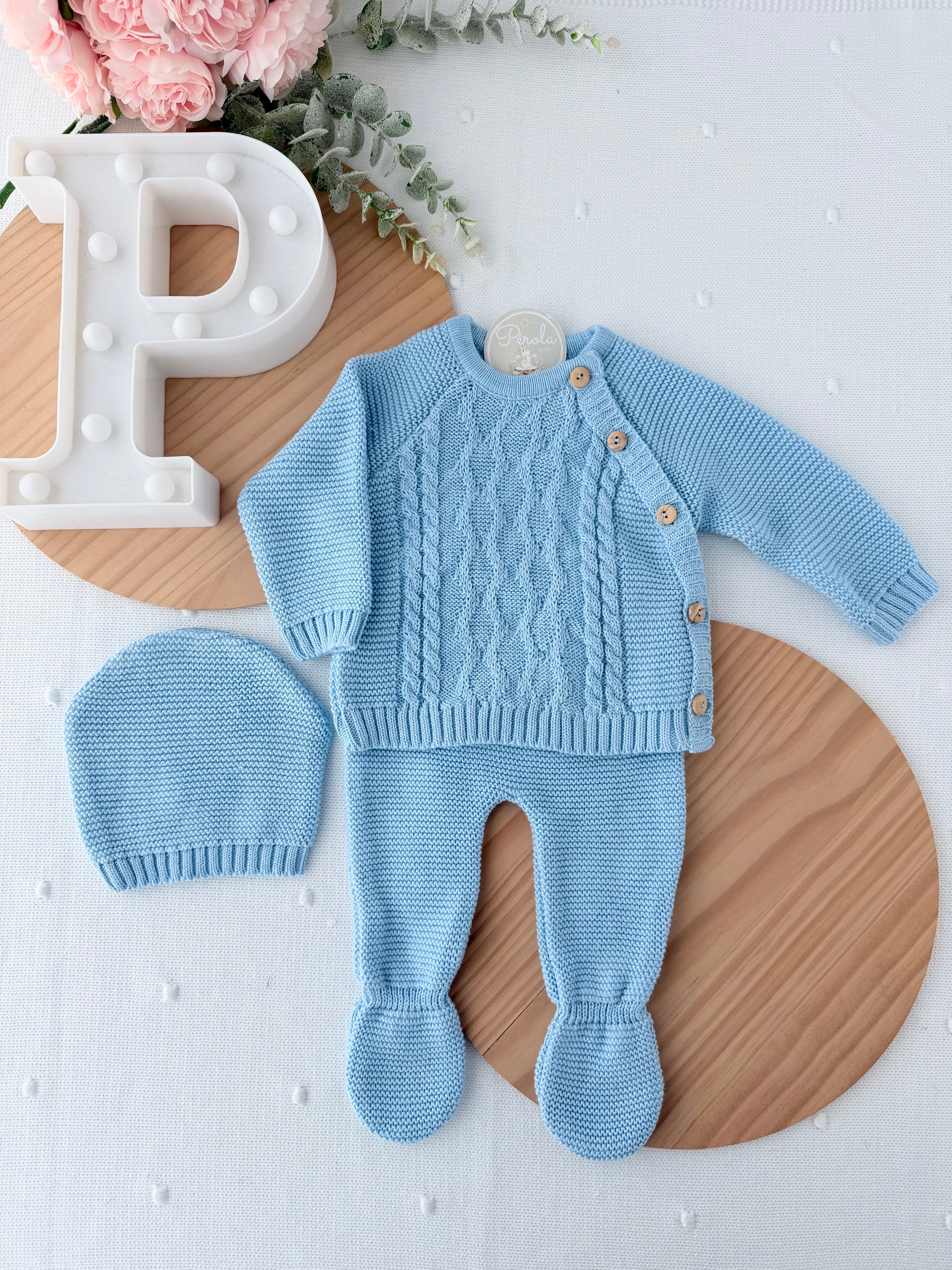 Conjunto malha 100% algodão: camisola, calças e gorro