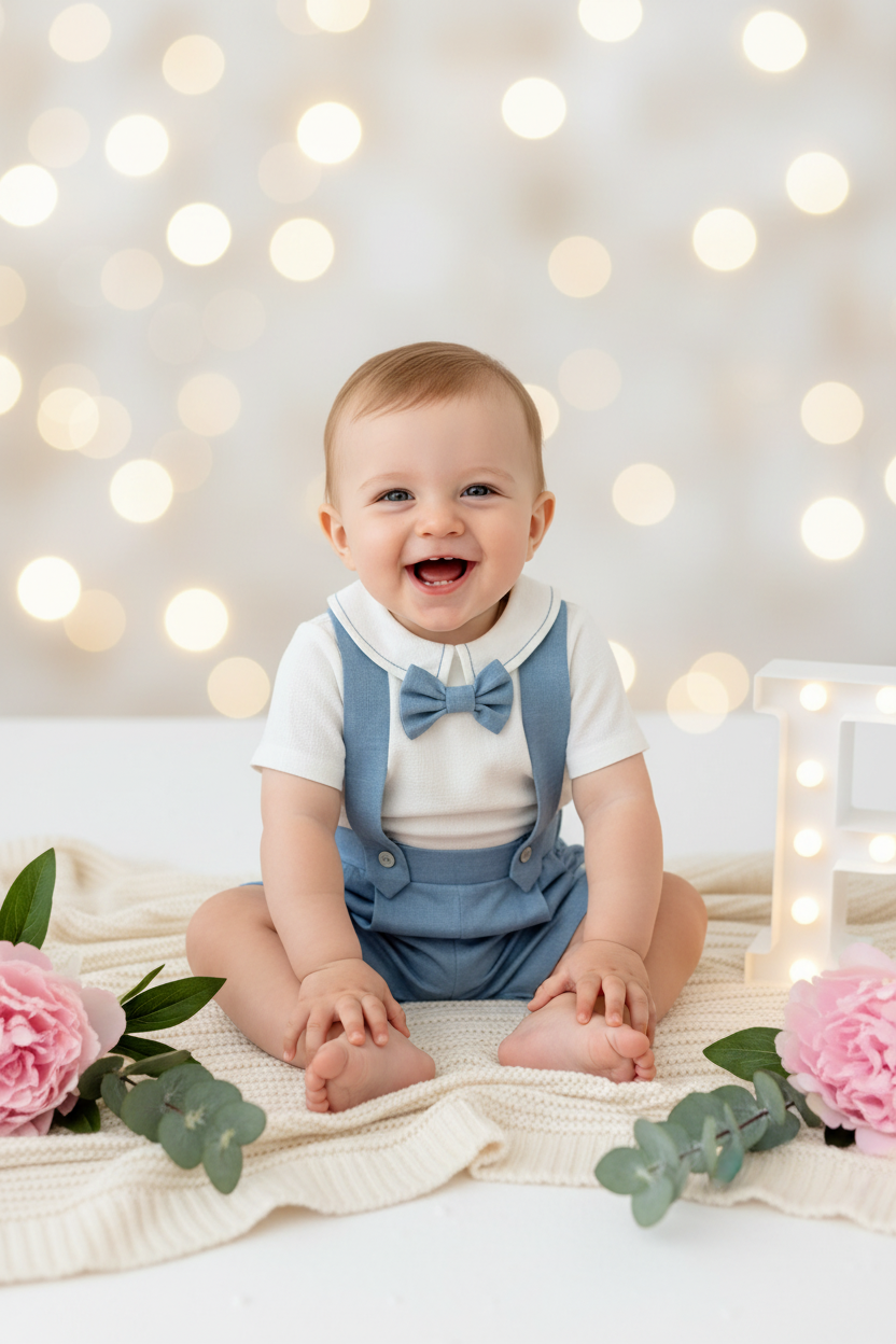 Conjunto especial cerimónia para menino: calções, camisa e laço