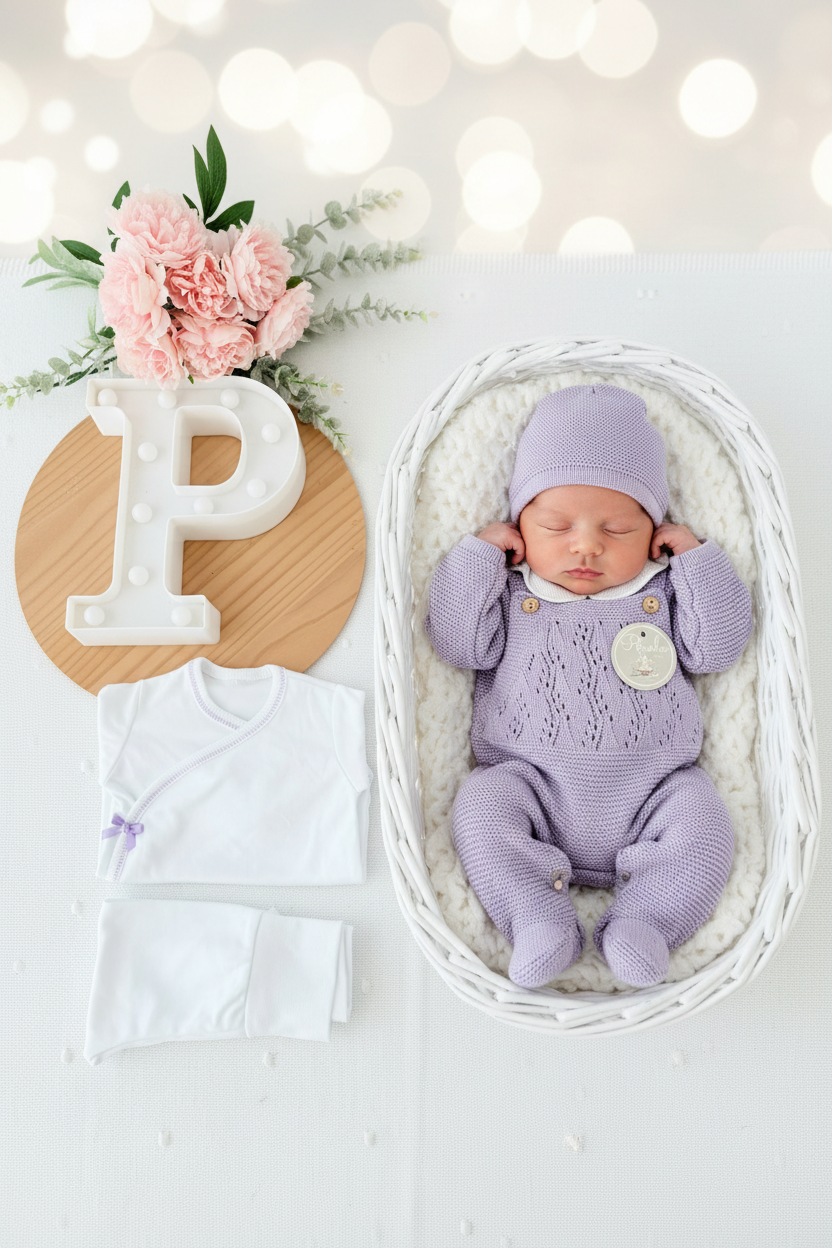 Pack saída de maternidade Lavanda 5 peças: body, calças, jardineiras, camisola e gorro