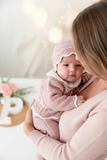 Conjunto princesinha de malha rosa com bordado inglês