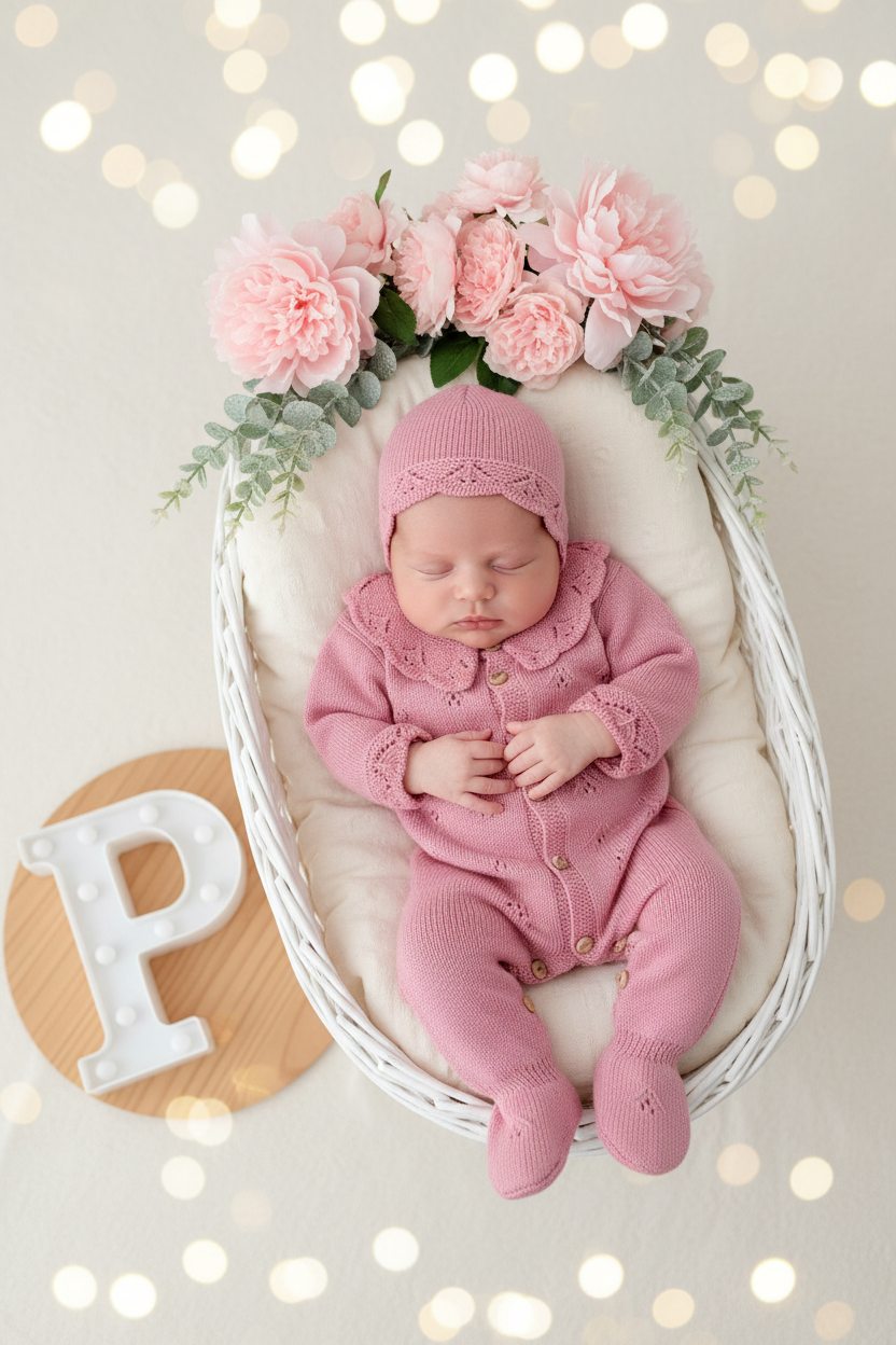 Conjunto Rosa Babygrow & Touca em Malha com Botões de Madeira