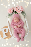 Conjunto Rosa Babygrow & Touca em Malha com Botões de Madeira